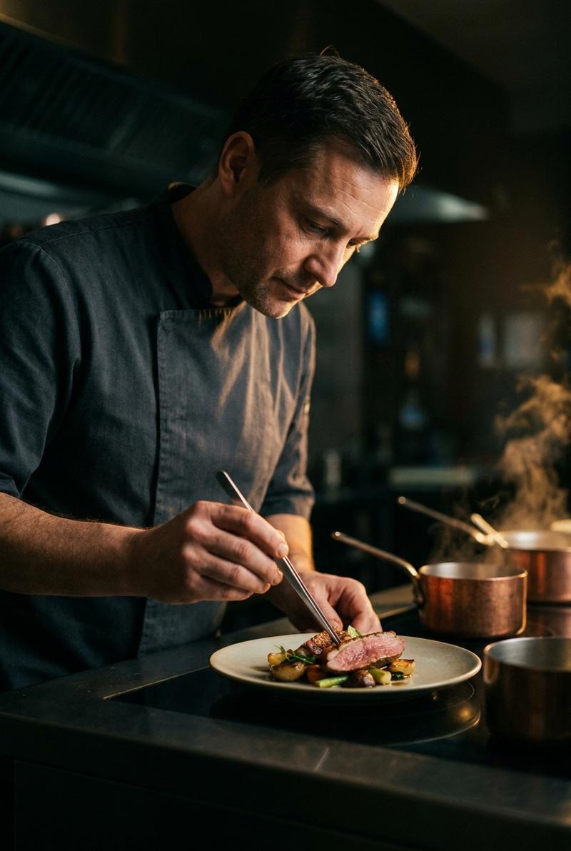 Chef Julien Marchand plating a dish in a dimly lit kitchen