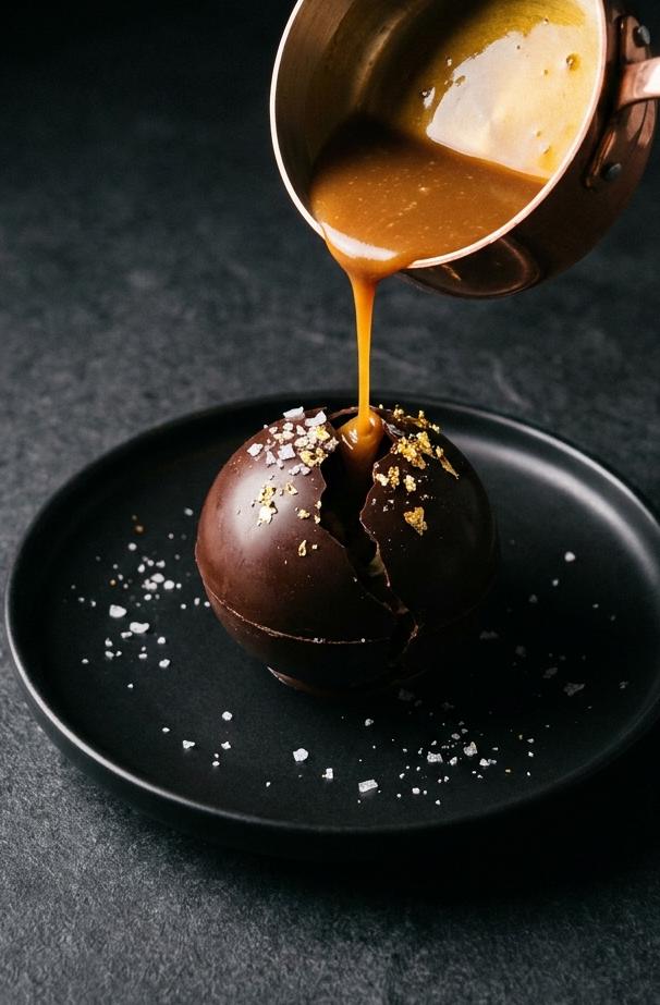 Dark chocolate sphere with salted caramel poured over