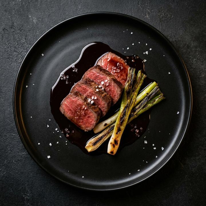 Sliced wagyu tenderloin with red wine jus and charred leeks