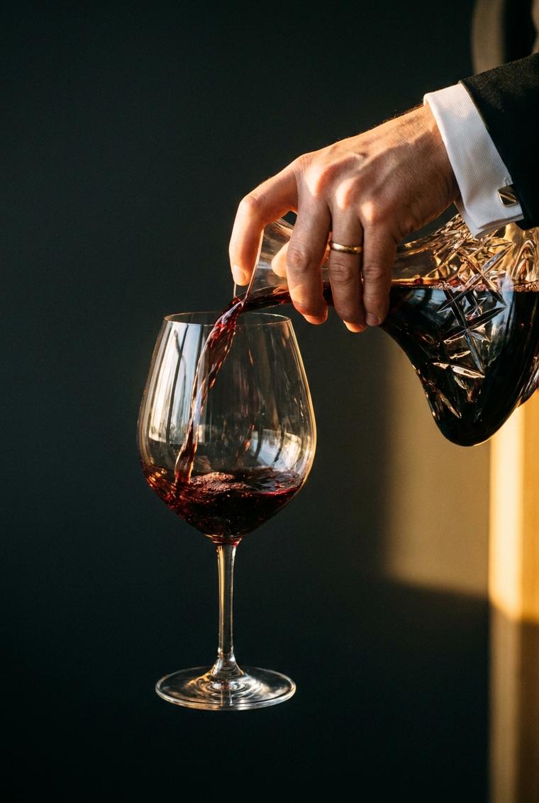 Sommelier pouring red wine from a crystal decanter