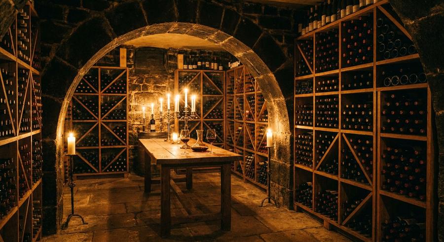 Candlelit stone wine cellar with tasting table