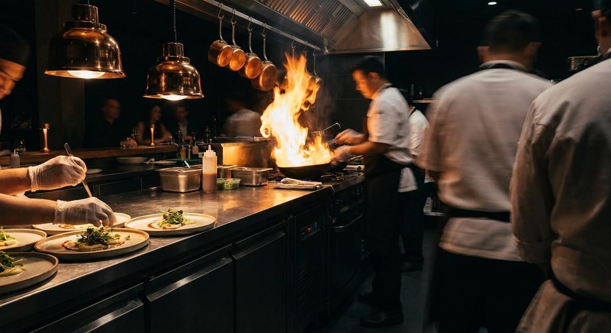 Open kitchen with chefs plating and flames