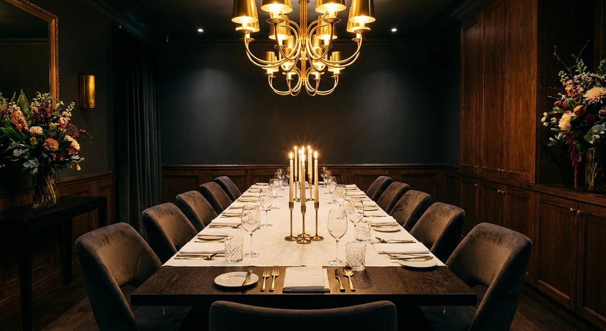 Candlelit private dining room with a long table set for twelve